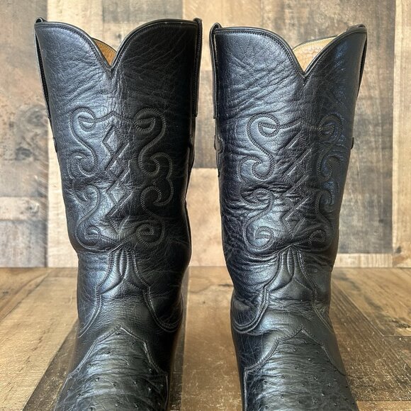 Lucchese San Antonio Vintage Ostrich Inlay Black Cowboy Boots Mens 10.5 D - Picture 10 of 12